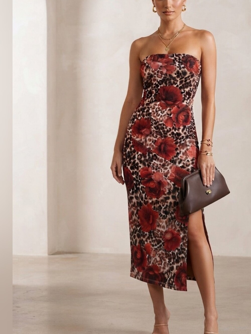 iris Strapless Leopard-Print Midi Dress with Red Floral Accent